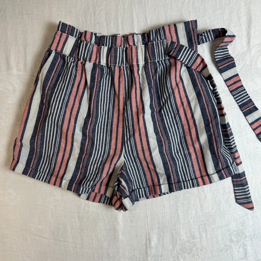 Kiss & Cry Shorts Women's Large Striped Paperbag Waist Linen‎ Cotton Pink Navy
